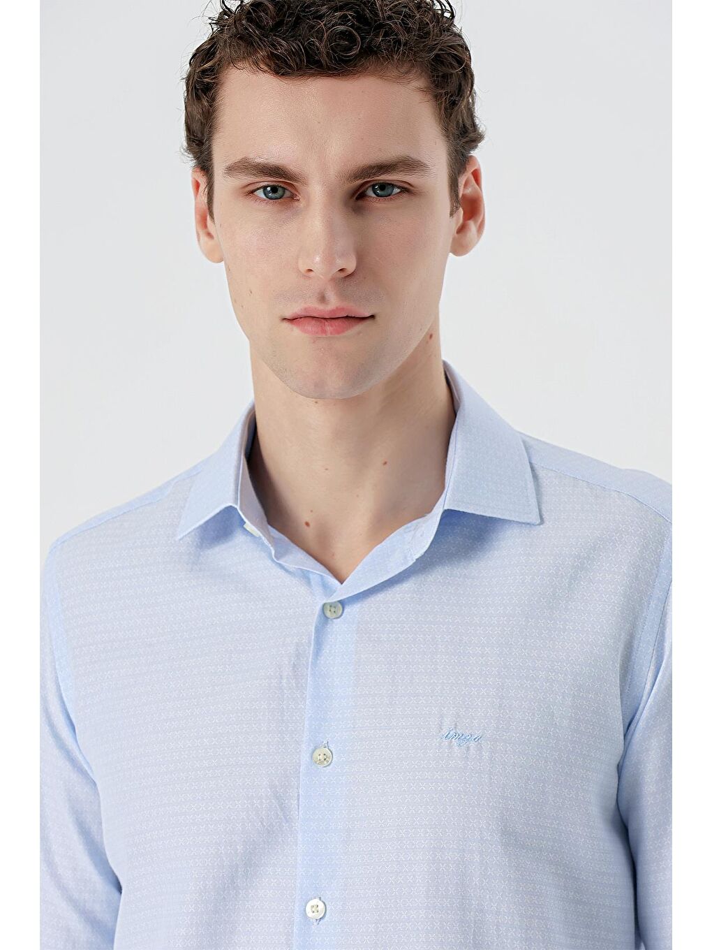 Koyu Mavi Uzun Kollu Desenli Armürlü Sert Yaka Cepsiz Pamuklu Slim Fit Dar Kesim Gömlek 1004235168-4