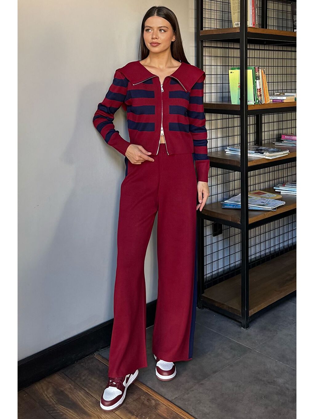 Bordo Kadın Şerit Desenli Triko Hırka Pantolon İkili Takım (s-m-l Beden Uyumludur.)