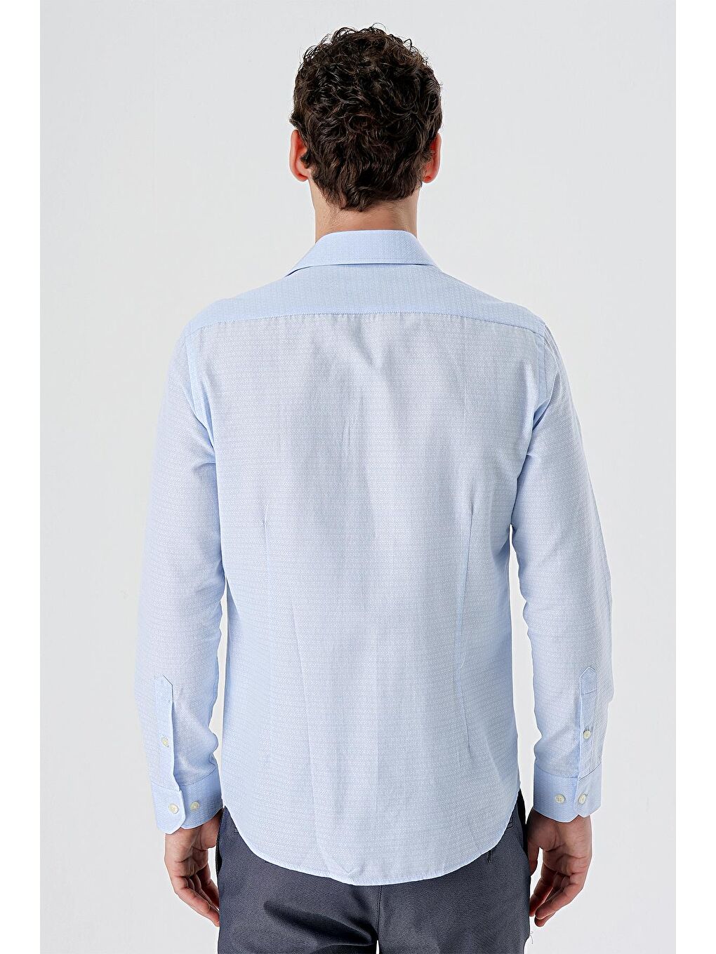 Koyu Mavi Uzun Kollu Desenli Armürlü Sert Yaka Cepsiz Pamuklu Slim Fit Dar Kesim Gömlek 1004235168-5