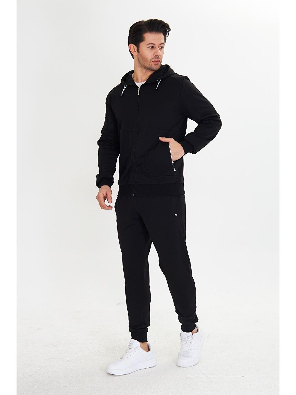Pamuklu Kapüşonlu Erkek Eşofman Takımı Siyah 5746-S-2