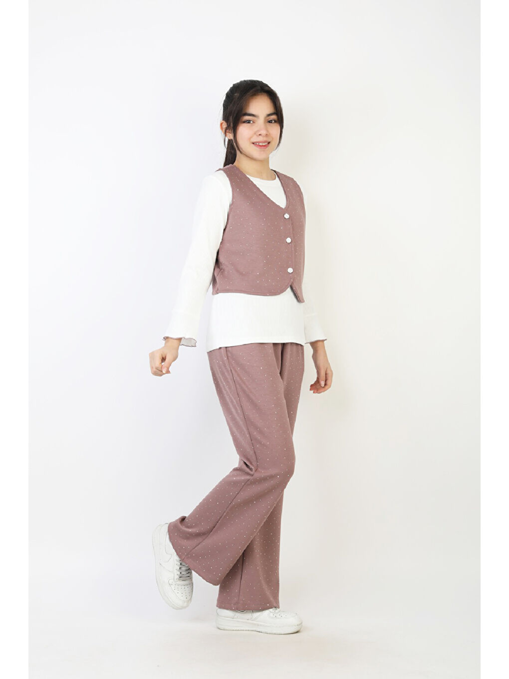 Pembe Kız Çocuk 3'lü Takım-Yelekli,Taş Süslemeli ve Geniş Paçalı 12515