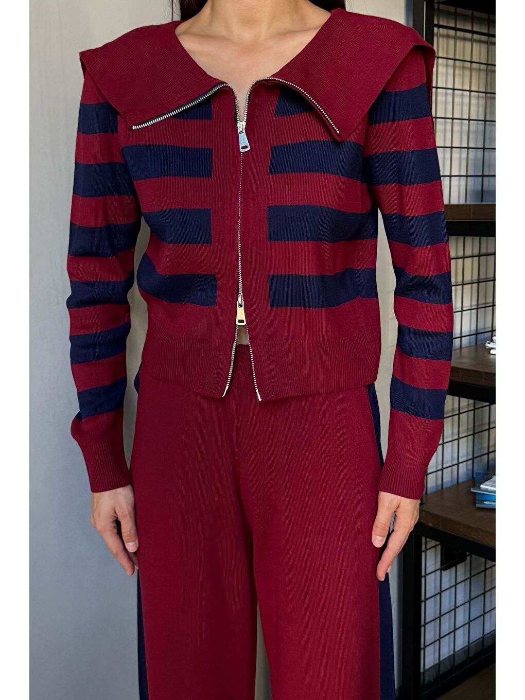 Bordo Kadın Şerit Desenli Triko Hırka Pantolon İkili Takım (s-m-l Beden Uyumludur.)-2