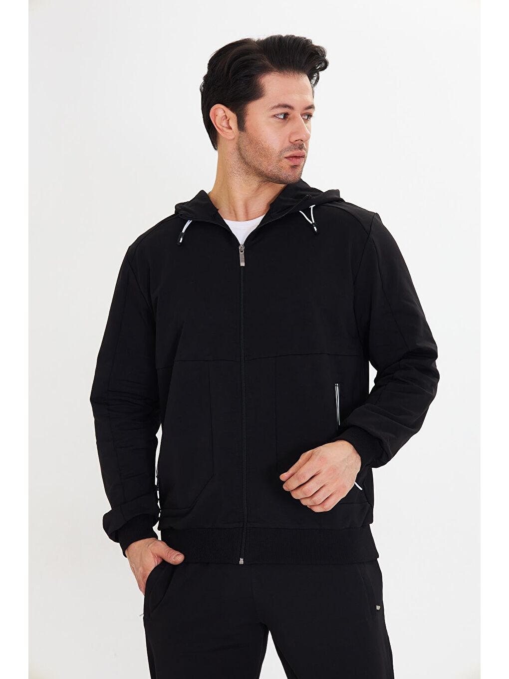 Pamuklu Kapüşonlu Erkek Eşofman Takımı Siyah 5746-S-5