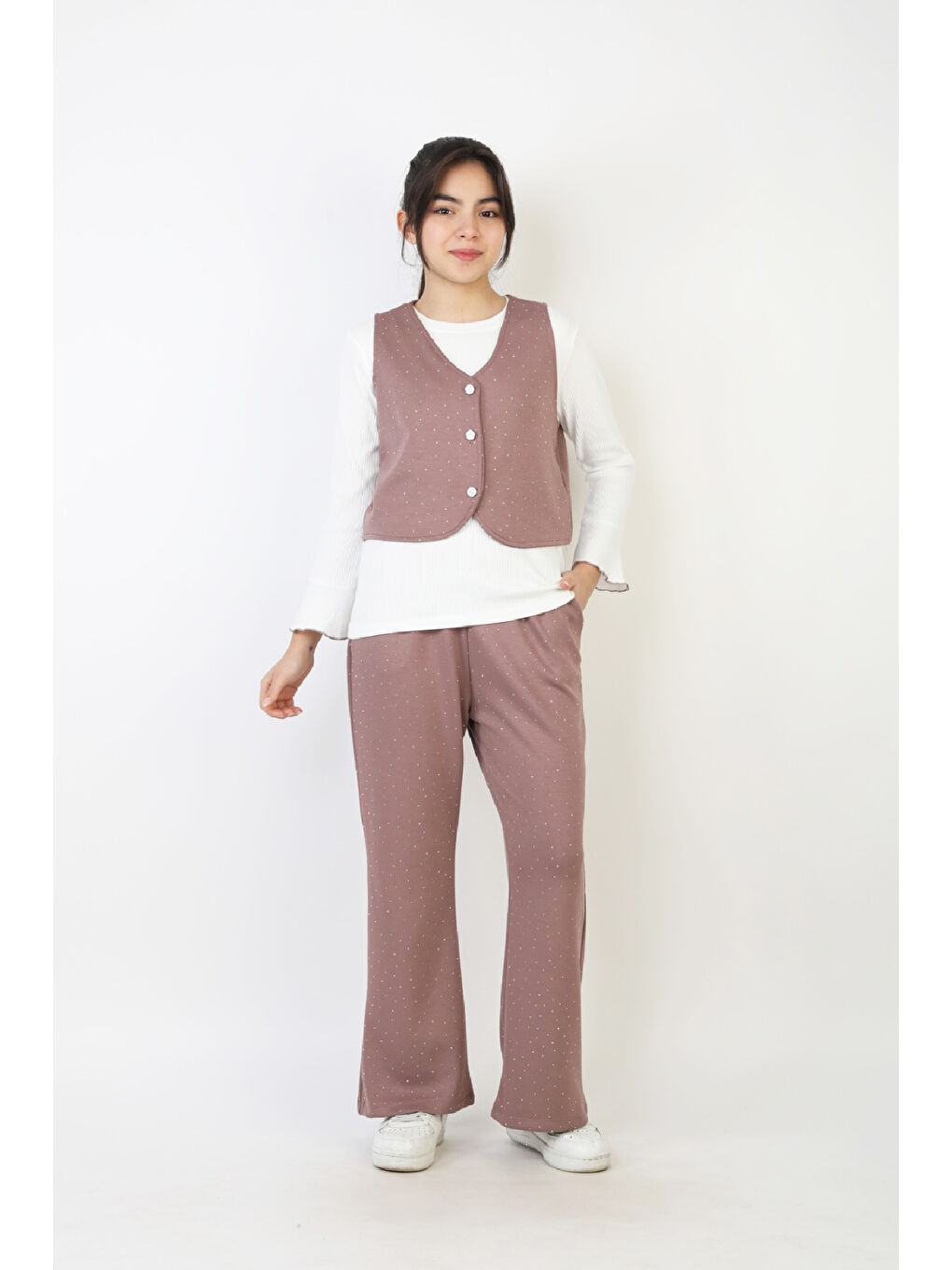 Pembe Kız Çocuk 3'lü Takım-Yelekli,Taş Süslemeli ve Geniş Paçalı 12515-1