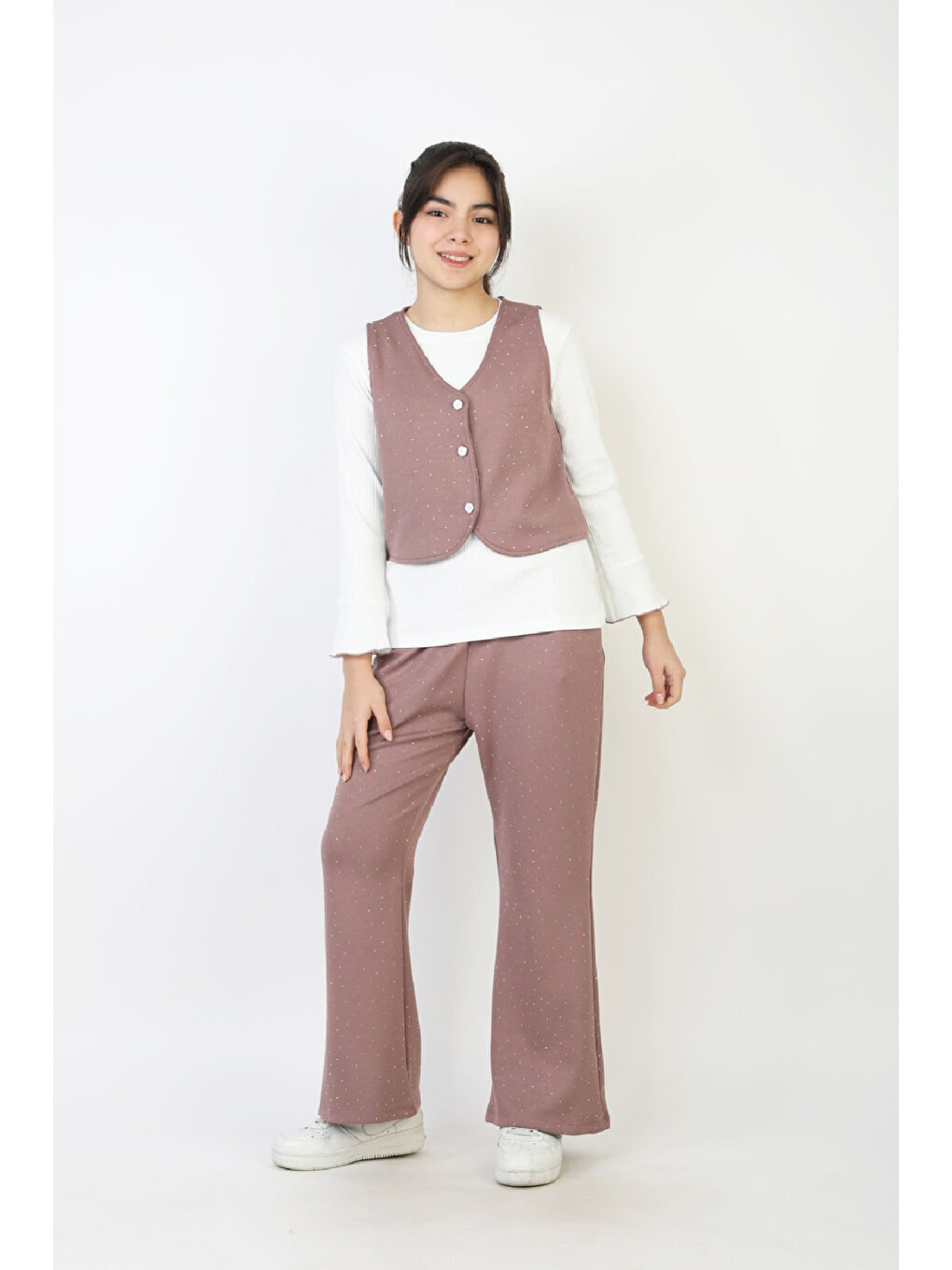 Pembe Kız Çocuk 3'lü Takım-Yelekli,Taş Süslemeli ve Geniş Paçalı 12515-2