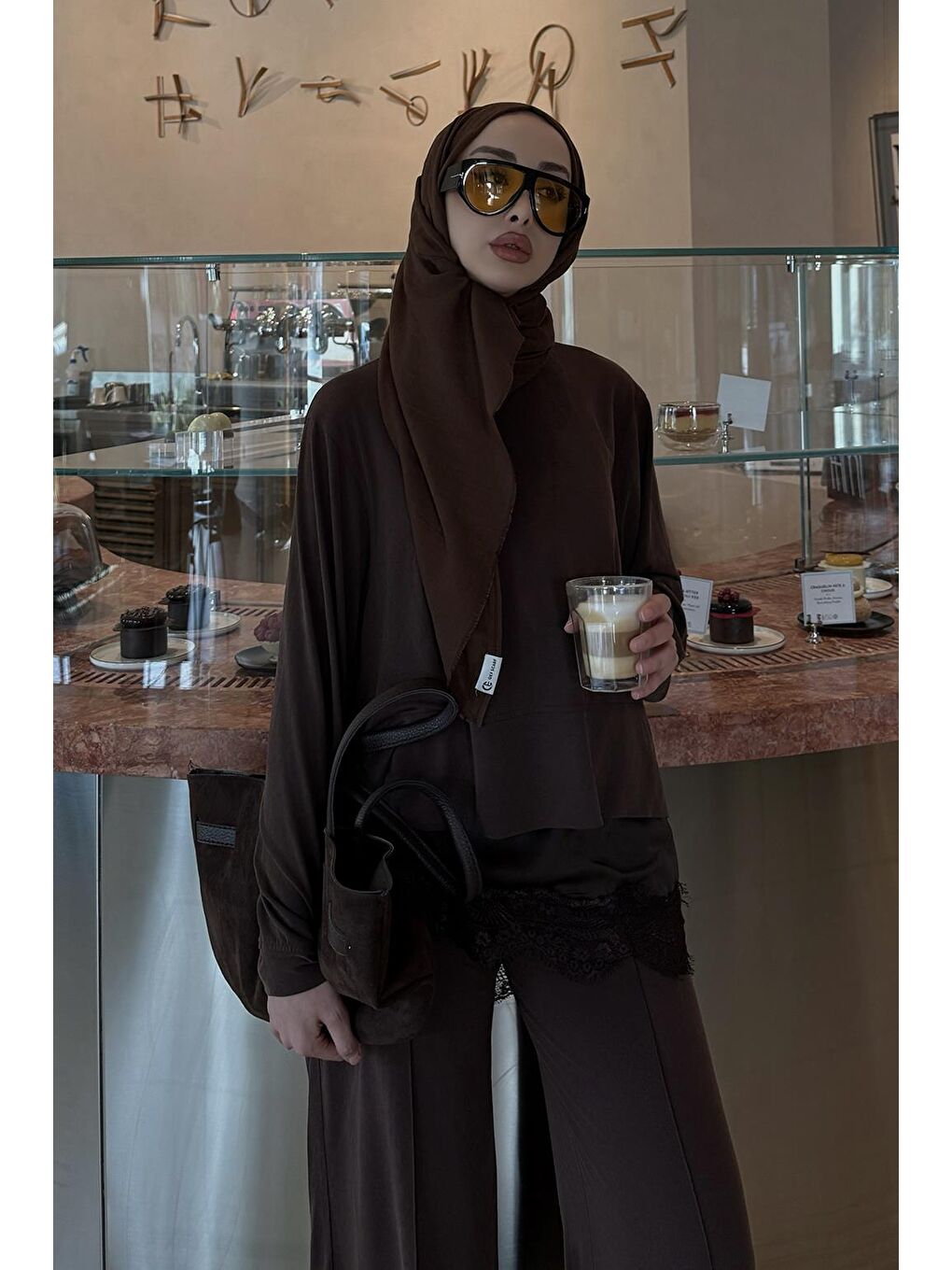 Modal Cupra Yırtmaçlı Kısa Sweatshirt Kahverengi-3