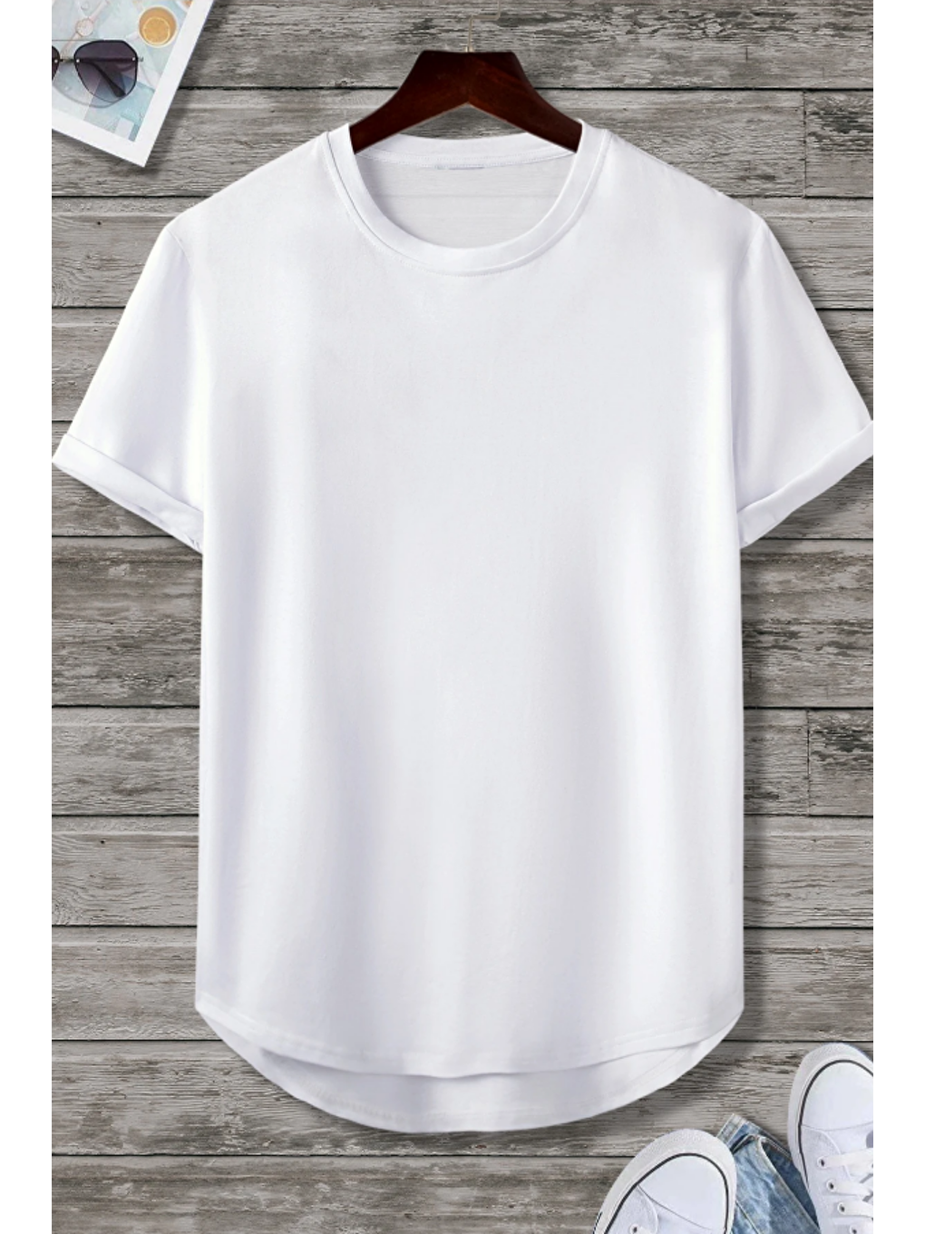 Erkek Beyaz Bisiklet Yaka Oval Etek Salaş %100 Pamuk Basic T-Shirt