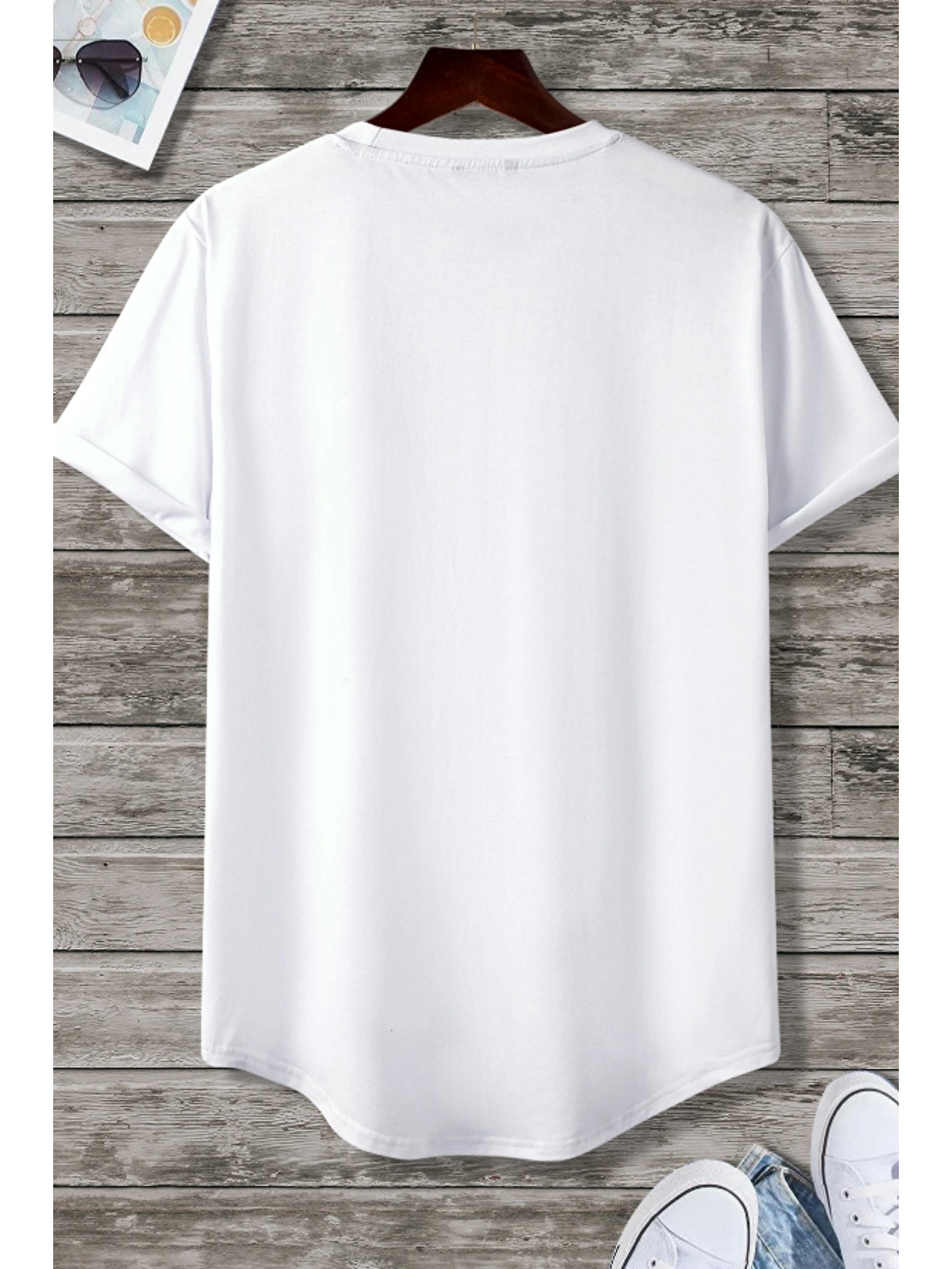 Erkek Beyaz Bisiklet Yaka Oval Etek Salaş %100 Pamuk Basic T-Shirt-1