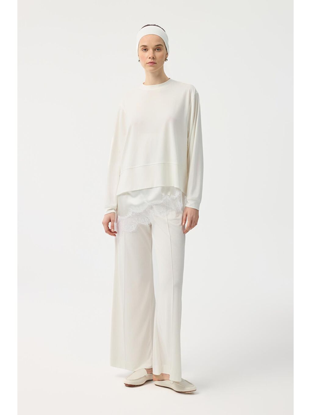 Modal Cupra Yırtmaçlı Kısa Sweatshirt Ekru-1