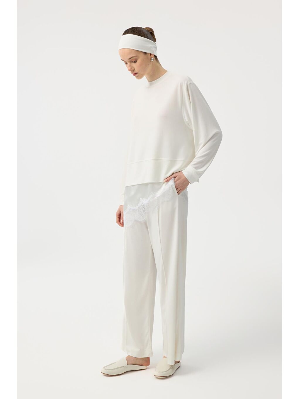 Modal Cupra Yırtmaçlı Kısa Sweatshirt Ekru-2