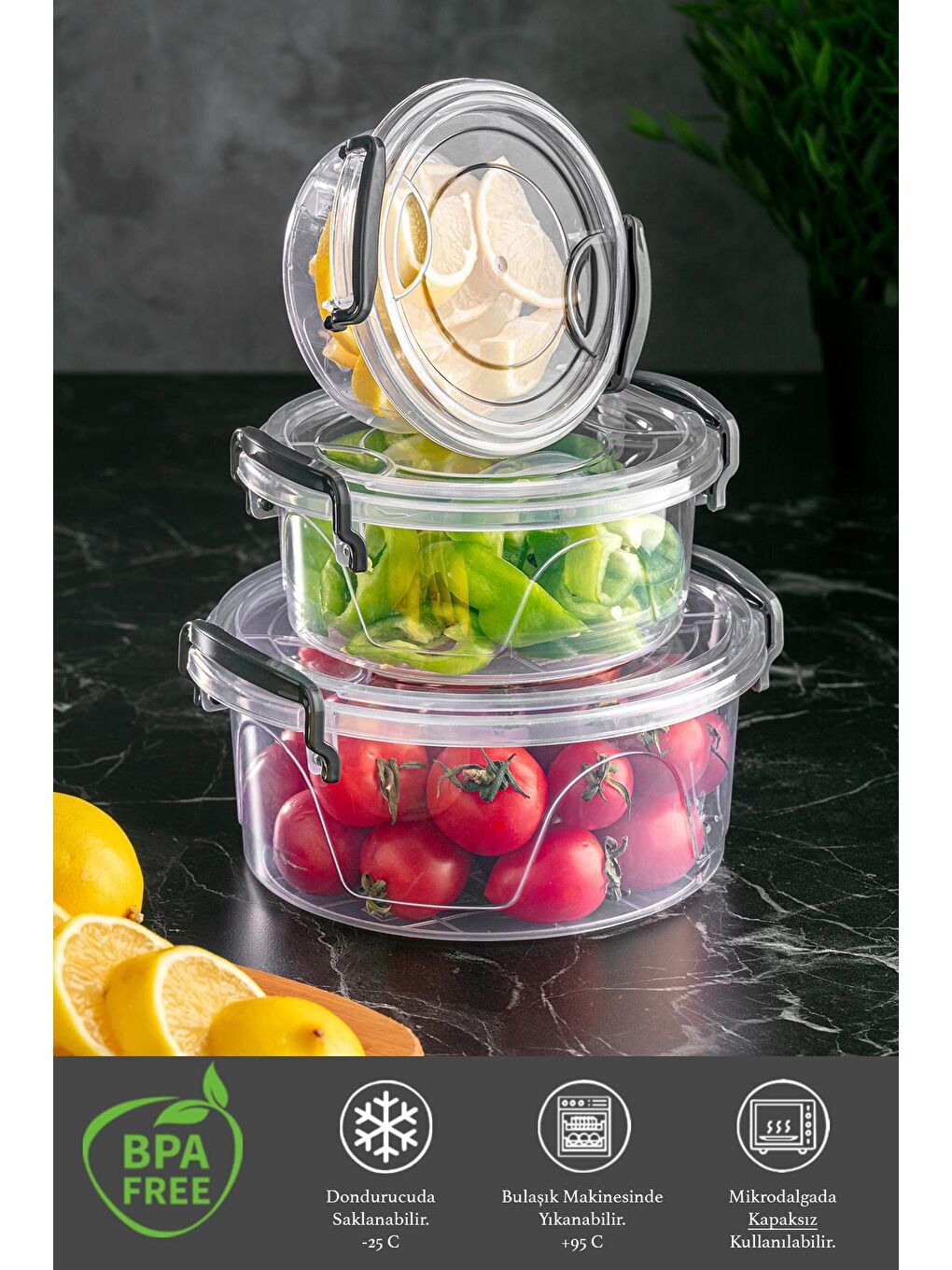 Renksiz 3'lü Yuvarlak Şeffaf Saklama Kabı Seti - Lenora Kilitlenebilir Kapaklı Erzak Kabı 300-600-1200 ml-1