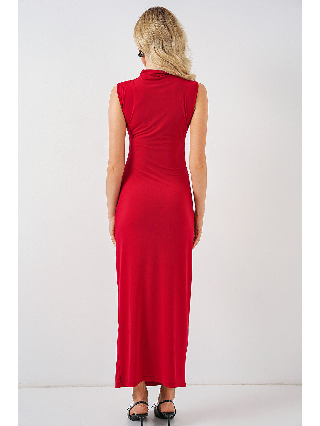 Kadın Büzgülü Sıfır Kol Drapeli Elbise 2579 - Kırmızı-6