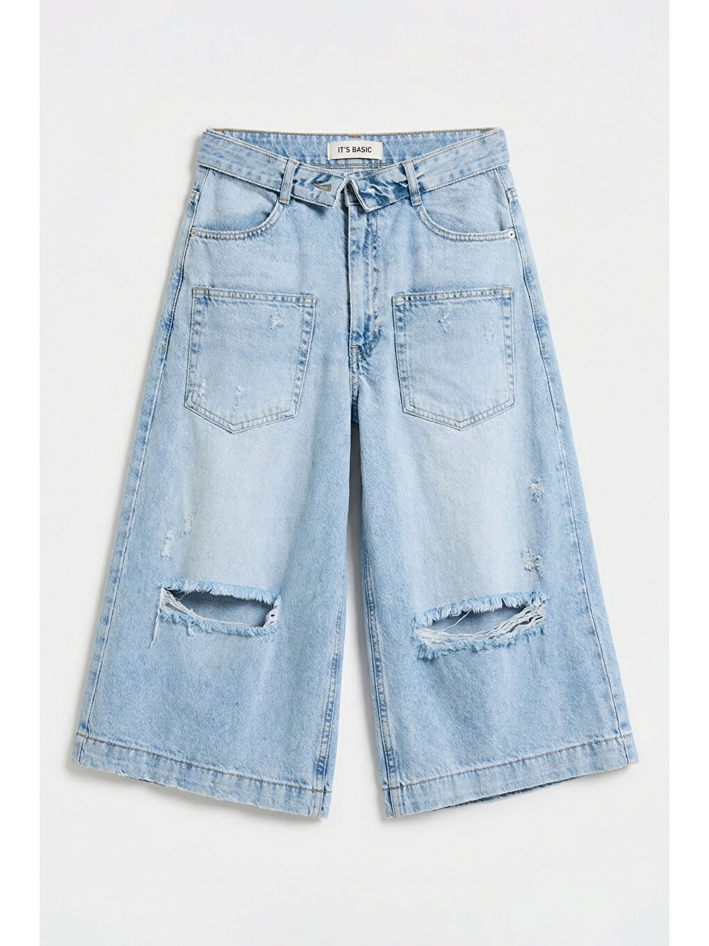 Kadın Mavi 12s6-3 Süper Baggy Fit Kemer Detaylı Maxi Boy Denim Şort-1