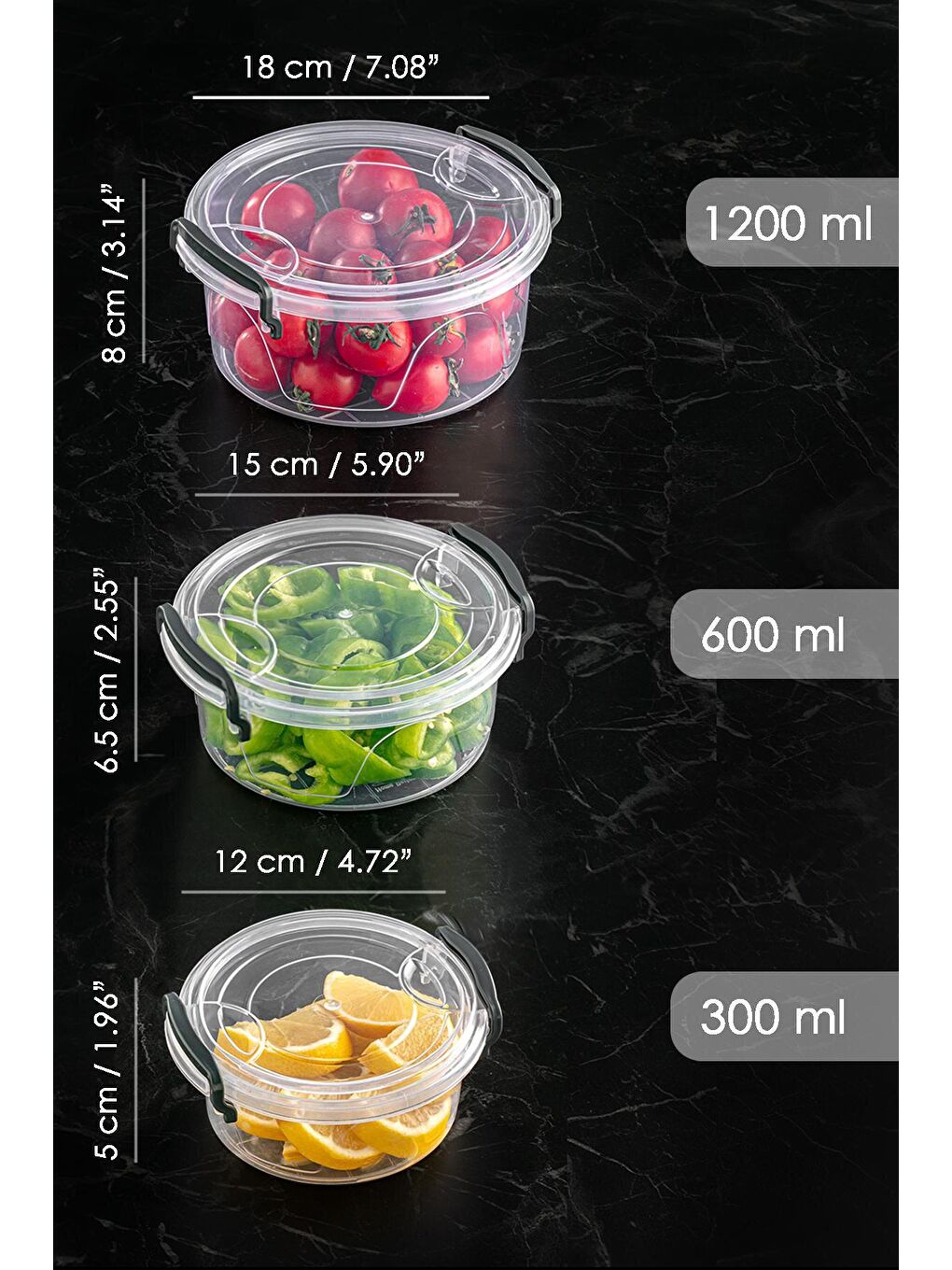 Renksiz 3'lü Yuvarlak Şeffaf Saklama Kabı Seti - Lenora Kilitlenebilir Kapaklı Erzak Kabı 300-600-1200 ml-4