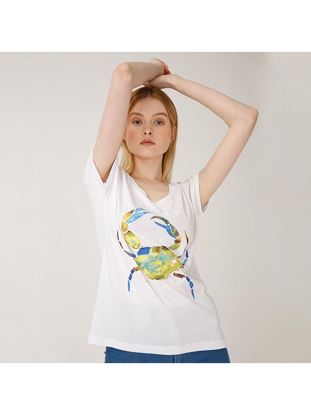 Yeşil Yengeç Beyaz Kadın T-Shirt-4