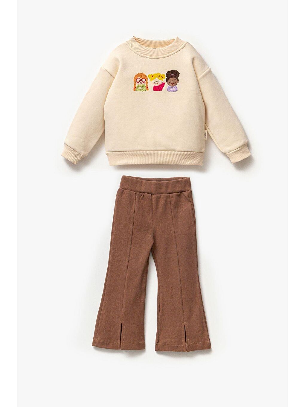 Bej Kız Çocuk Nakışlı Pamuklu Sweatshirt İspanyol Tayt Alt-Üst Takım-1