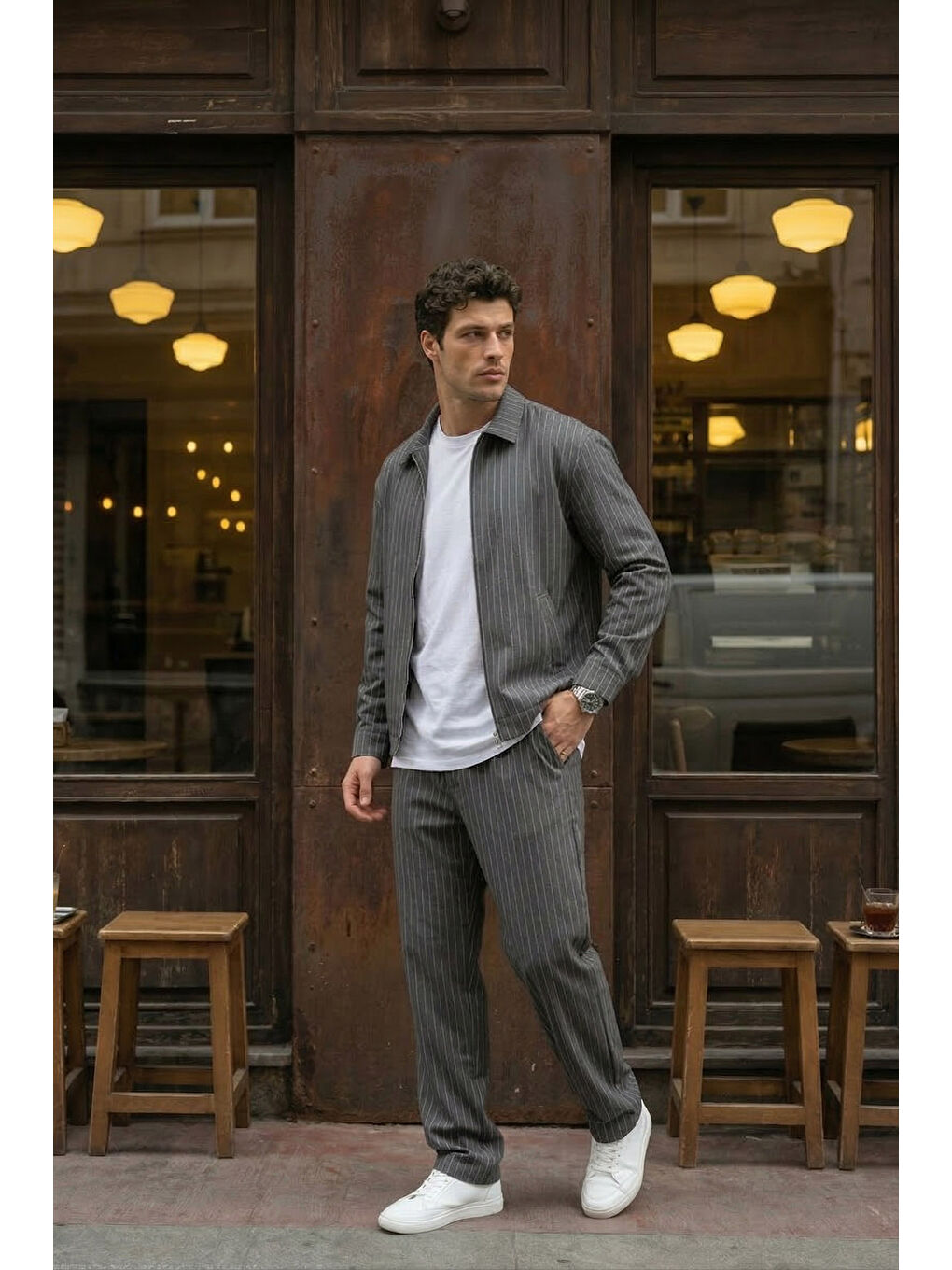 Gri Aniva Erkek Çizgili Geniş Kalıp İkili Takım Ceket Pantolon