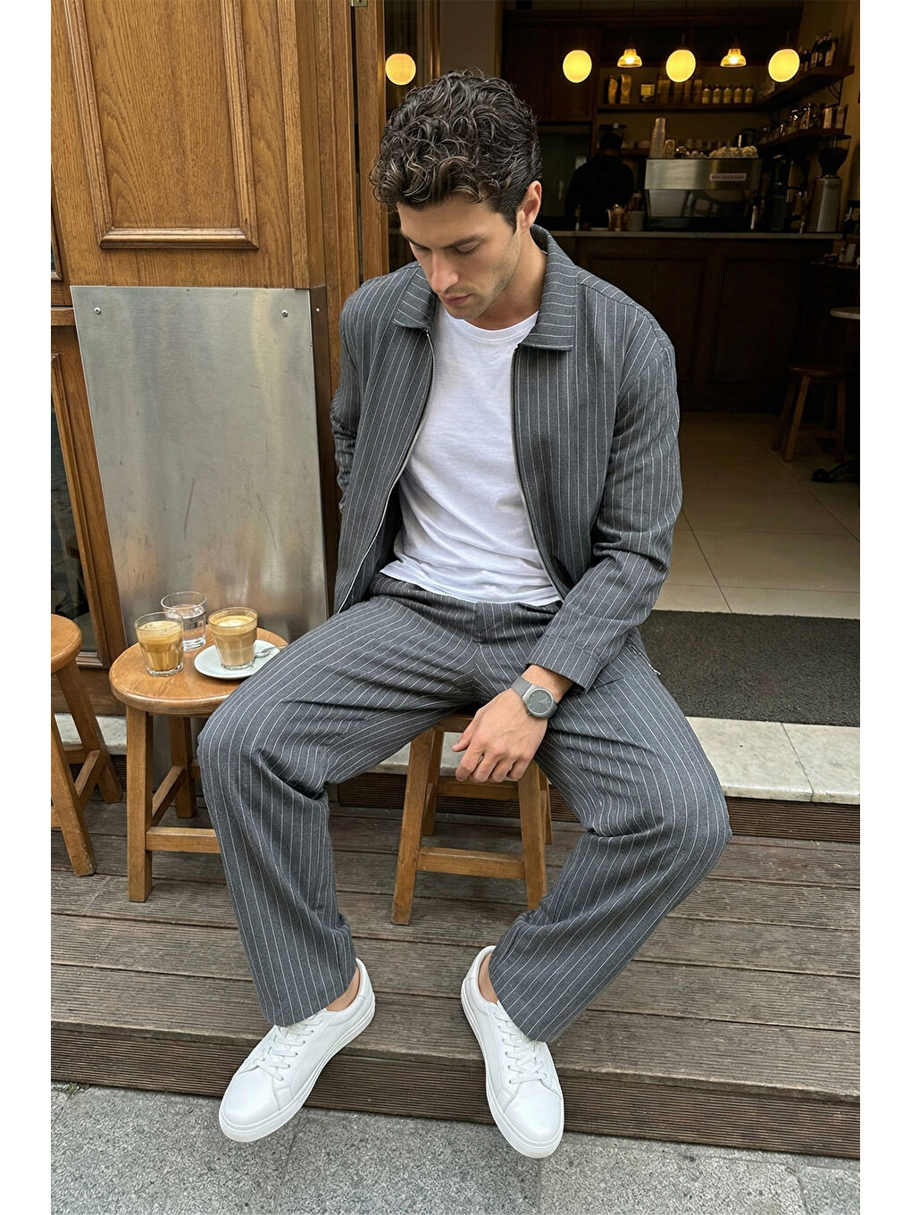 Gri Aniva Erkek Çizgili Geniş Kalıp İkili Takım Ceket Pantolon-1