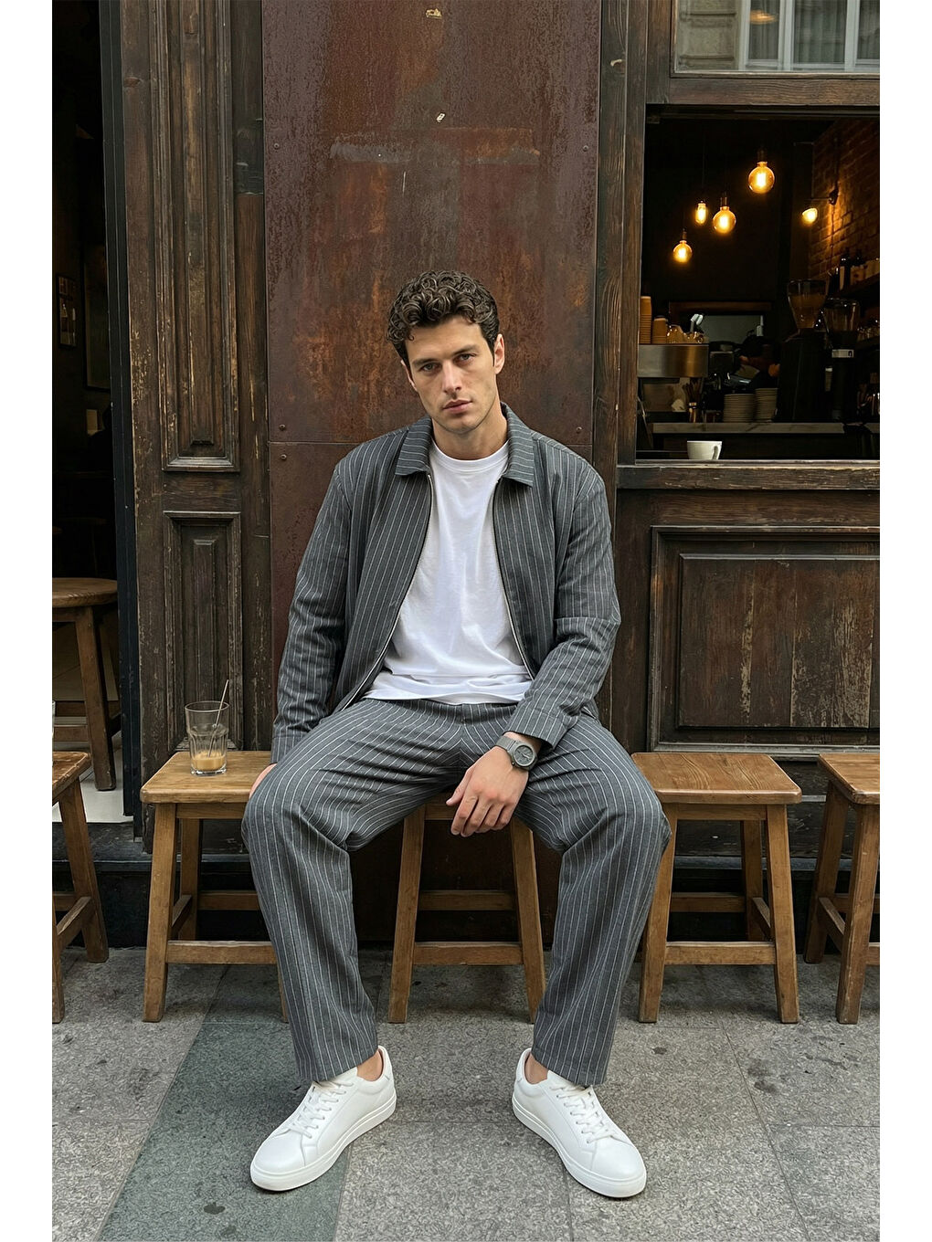 Gri Aniva Erkek Çizgili Geniş Kalıp İkili Takım Ceket Pantolon-2