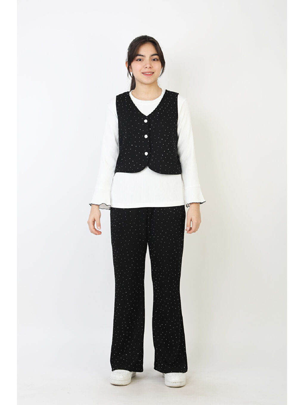 Siyah Kız Çocuk 3'lü Takım-Yelekli,Taş Süslemeli ve Geniş Paçalı 12515-3