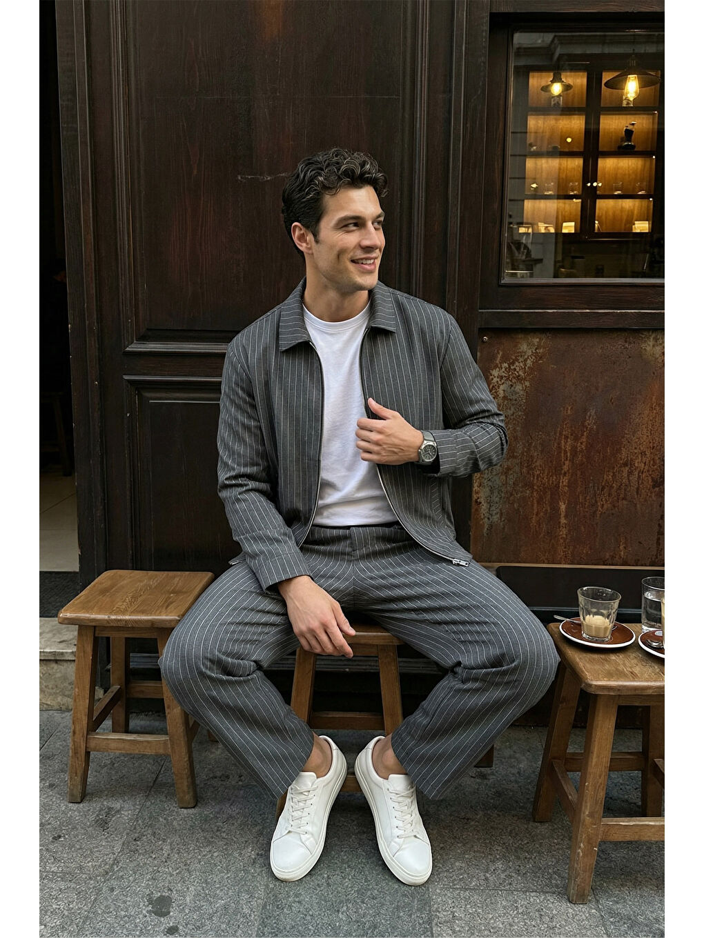 Gri Aniva Erkek Çizgili Geniş Kalıp İkili Takım Ceket Pantolon-3