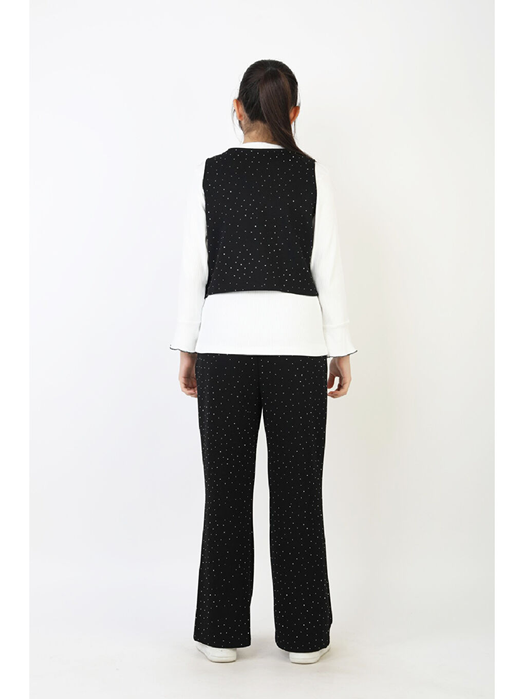 Siyah Kız Çocuk 3'lü Takım-Yelekli,Taş Süslemeli ve Geniş Paçalı 12515-4