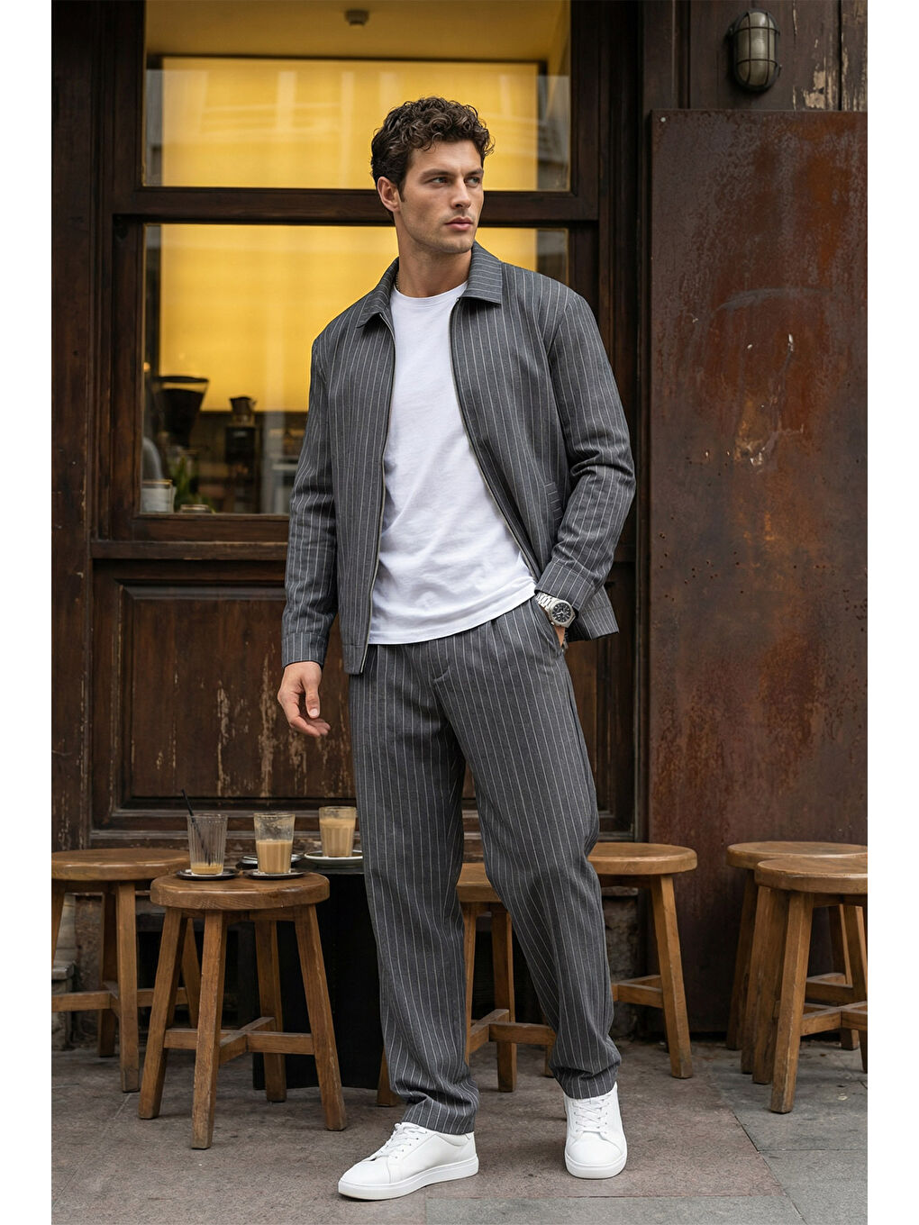 Gri Aniva Erkek Çizgili Geniş Kalıp İkili Takım Ceket Pantolon-4