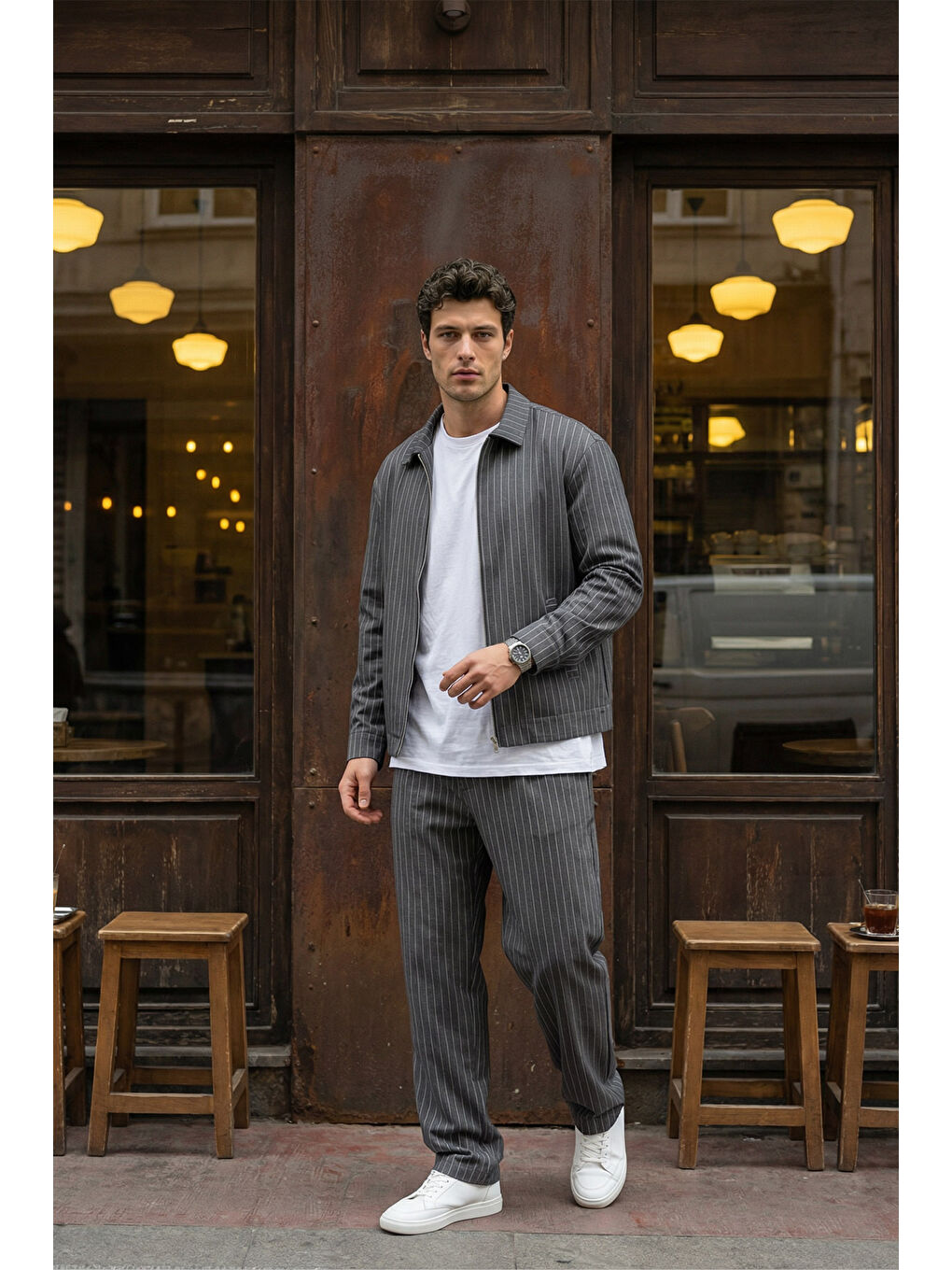 Gri Aniva Erkek Çizgili Geniş Kalıp İkili Takım Ceket Pantolon-5