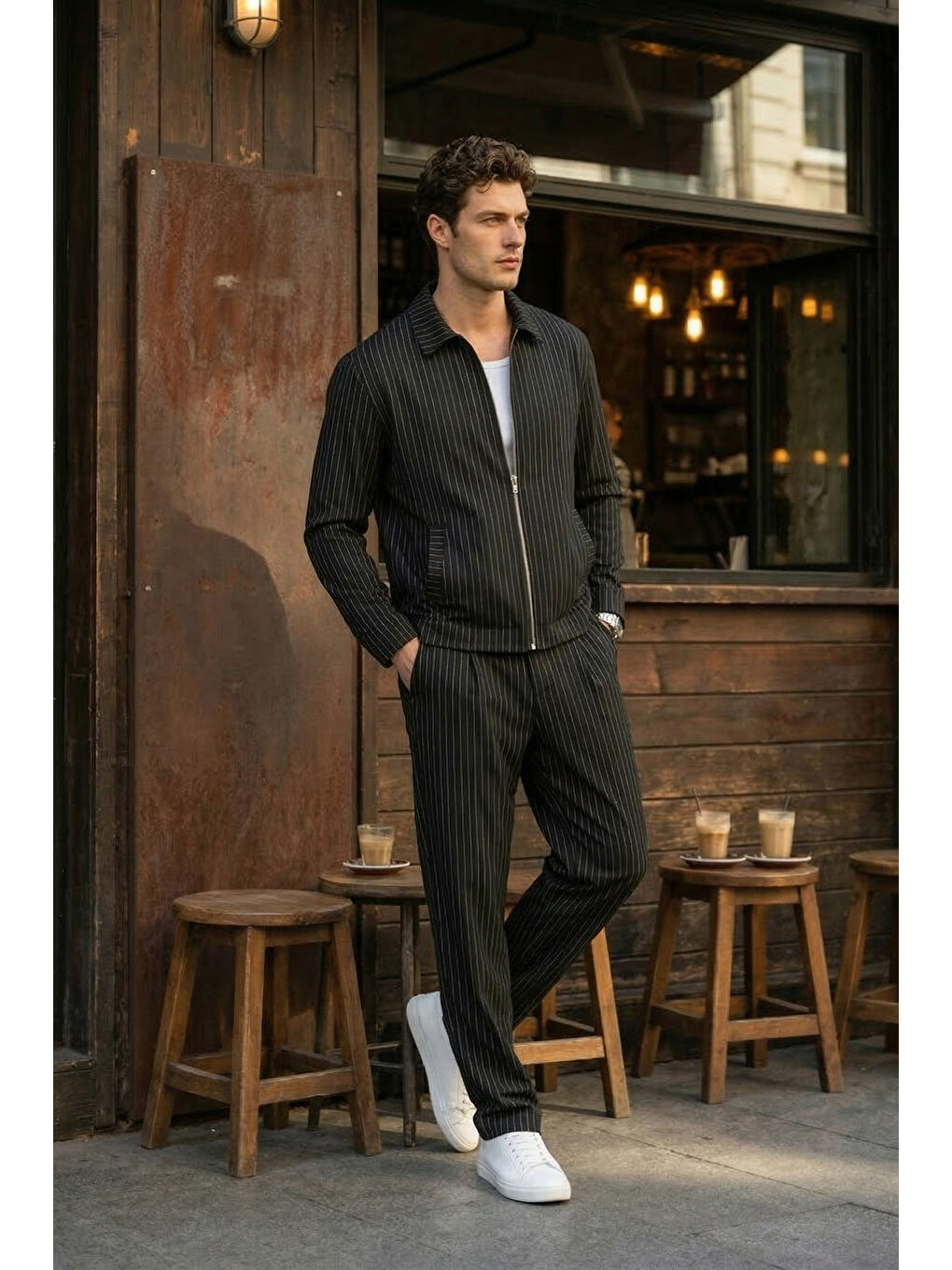 Siyah Aniva Erkek Çizgili Geniş Kalıp İkili Takım Ceket Pantolon