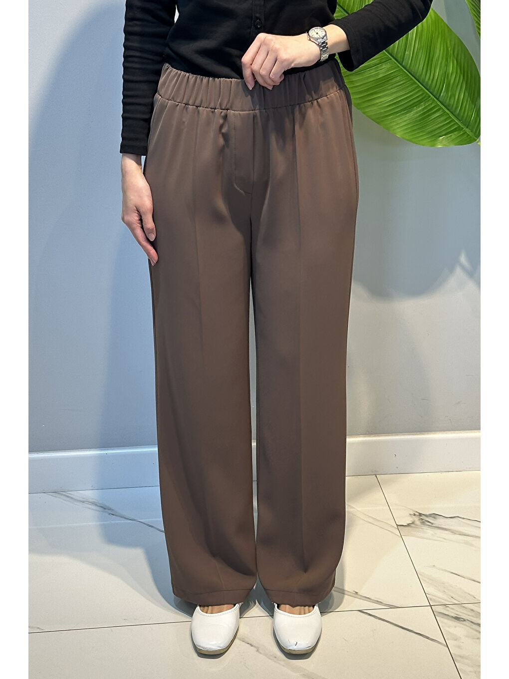 Bej Beli Lastikli Geniş Paça Pantolon 5580 Vizon-1