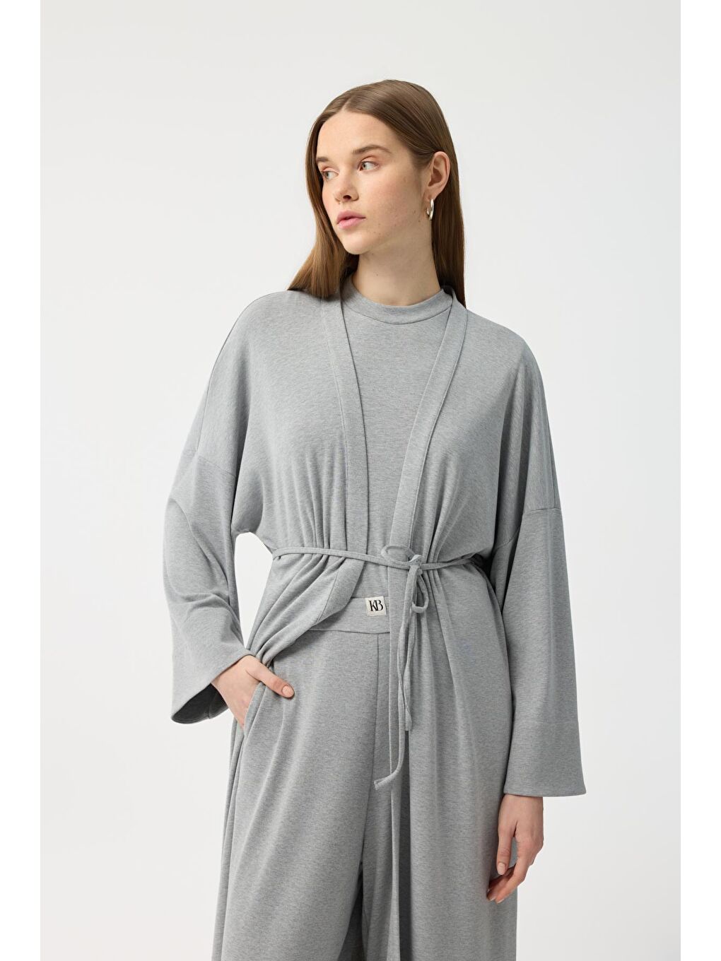 Modal Cupra Pantolon Bluz Abaya Takım Gri Melanj-3