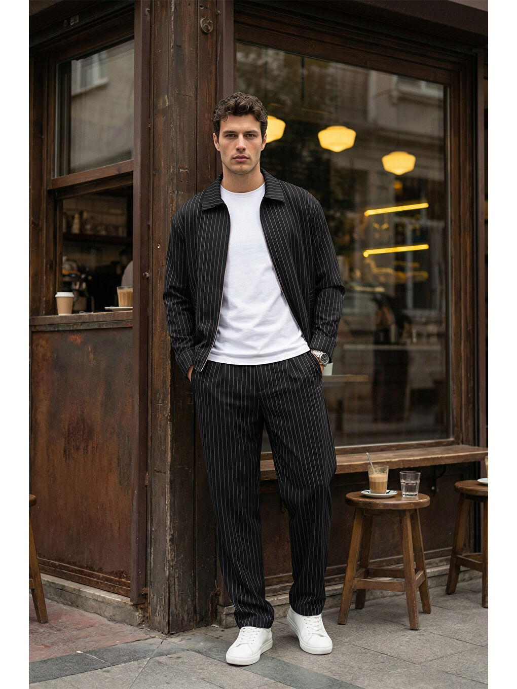 Siyah Aniva Erkek Çizgili Geniş Kalıp İkili Takım Ceket Pantolon-1