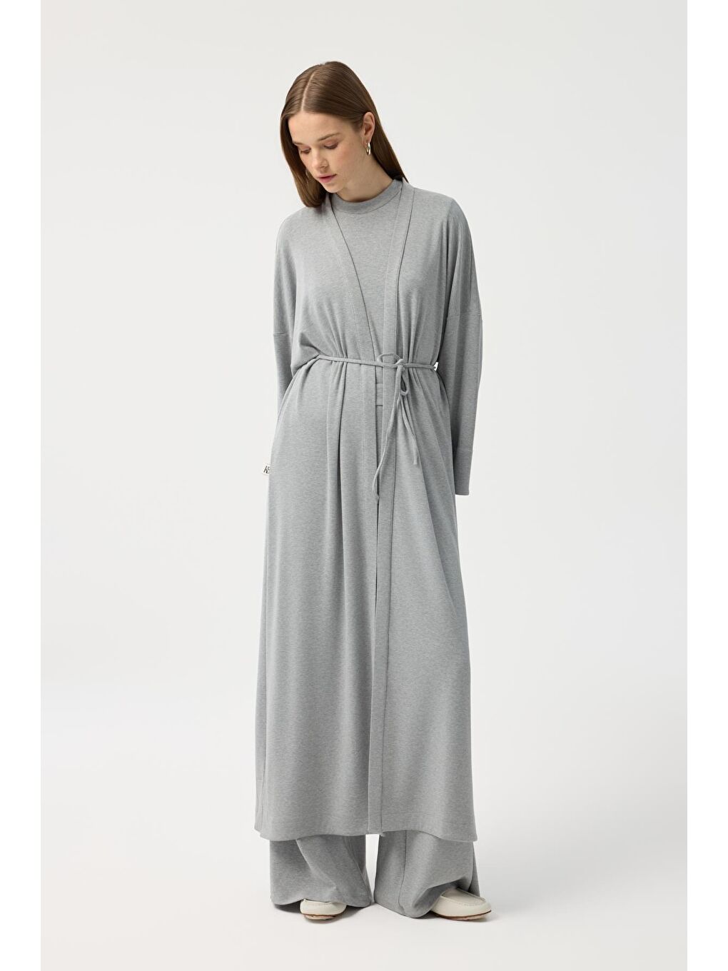 Modal Cupra Pantolon Bluz Abaya Takım Gri Melanj-4