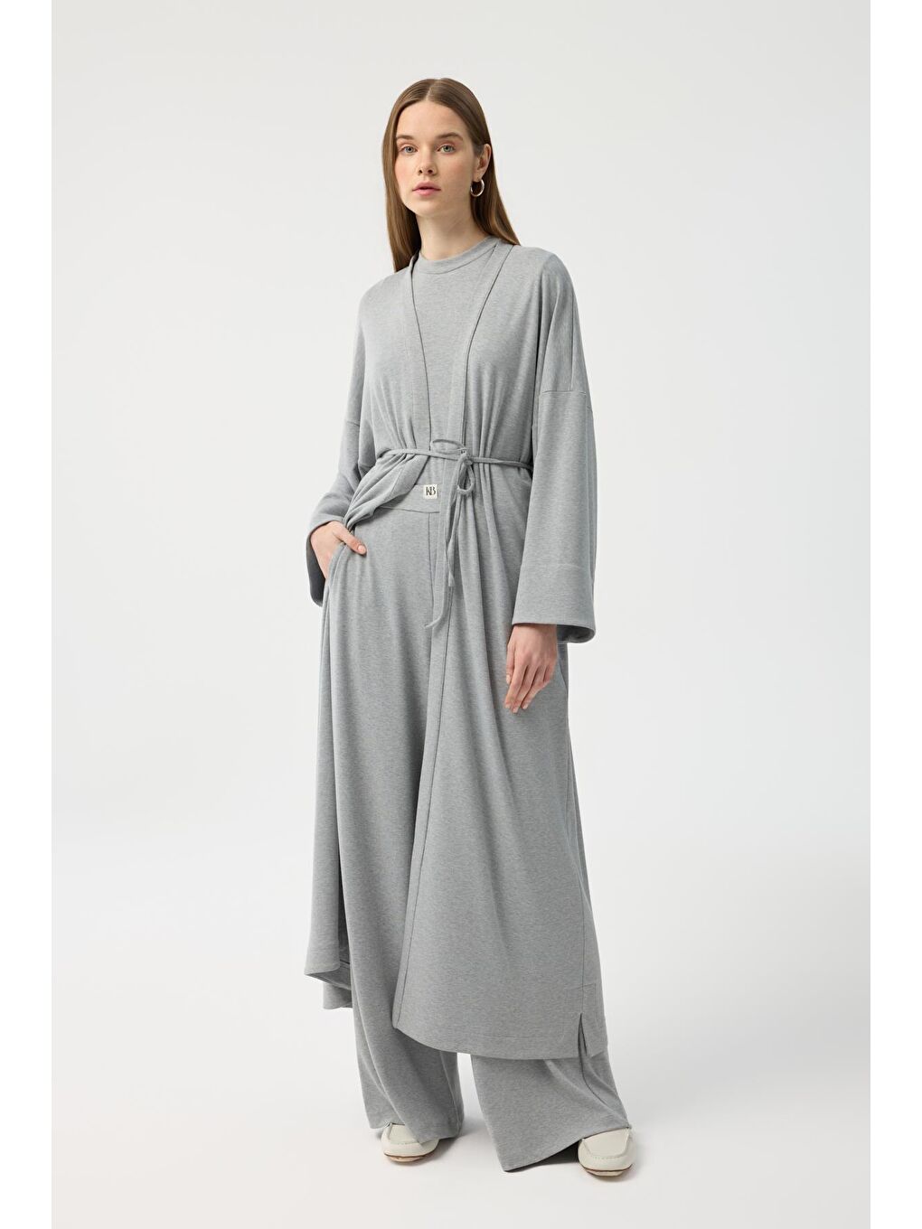 Modal Cupra Pantolon Bluz Abaya Takım Gri Melanj-5