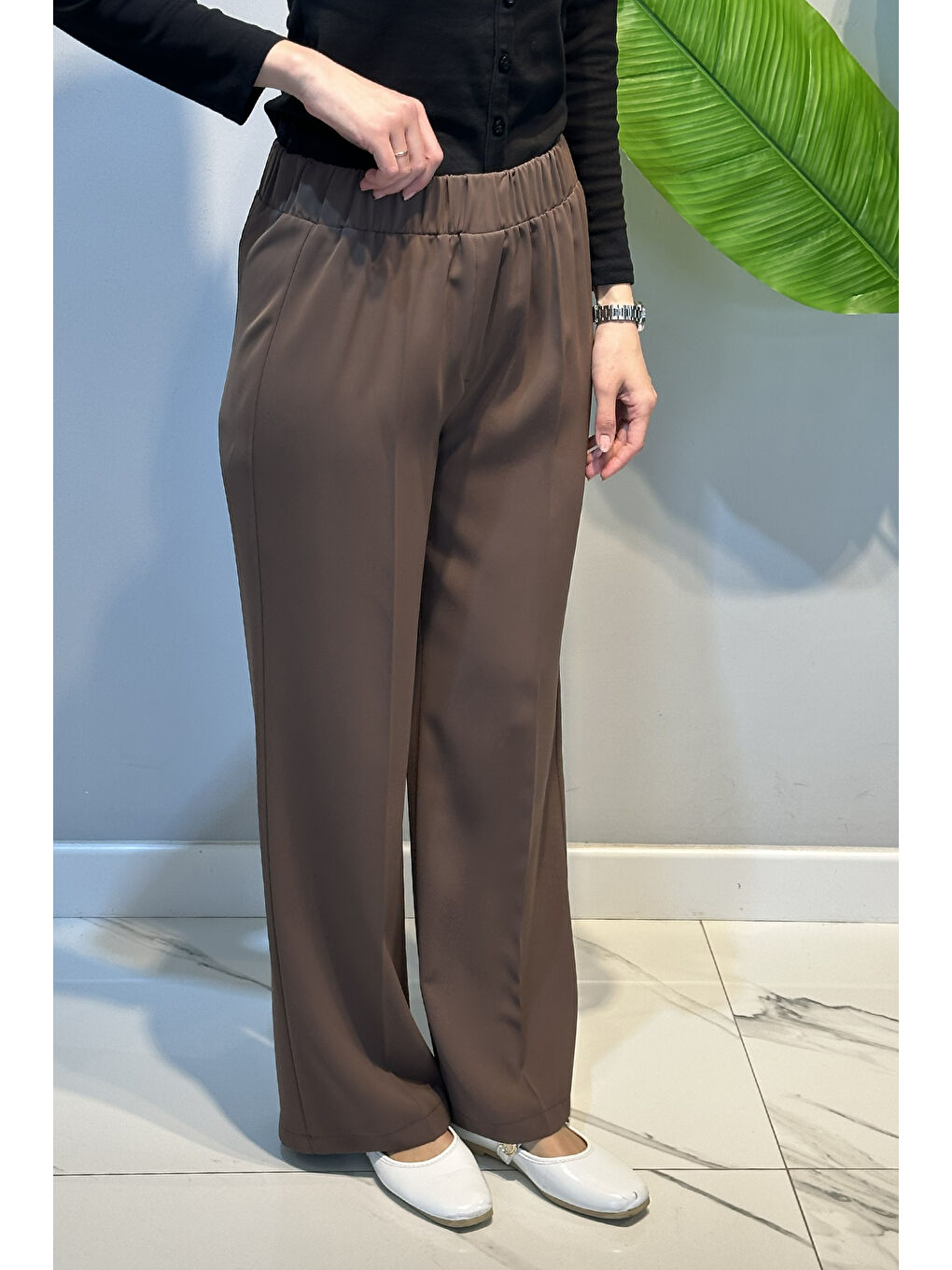 Bej Beli Lastikli Geniş Paça Pantolon 5580 Vizon-2