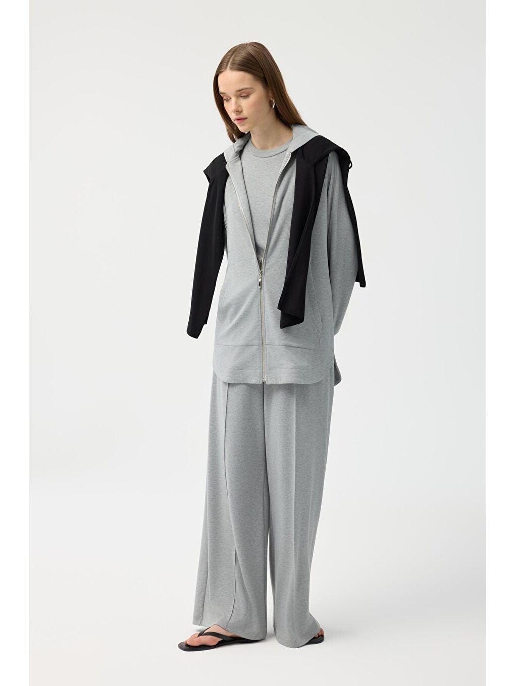 Modal Cupra Fermuarlı Hırka Takım Gri Melanj