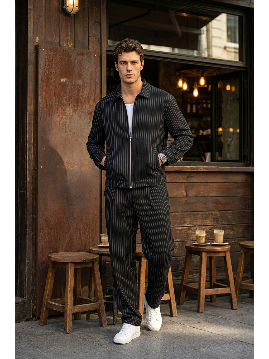 Siyah Aniva Erkek Çizgili Geniş Kalıp İkili Takım Ceket Pantolon-2
