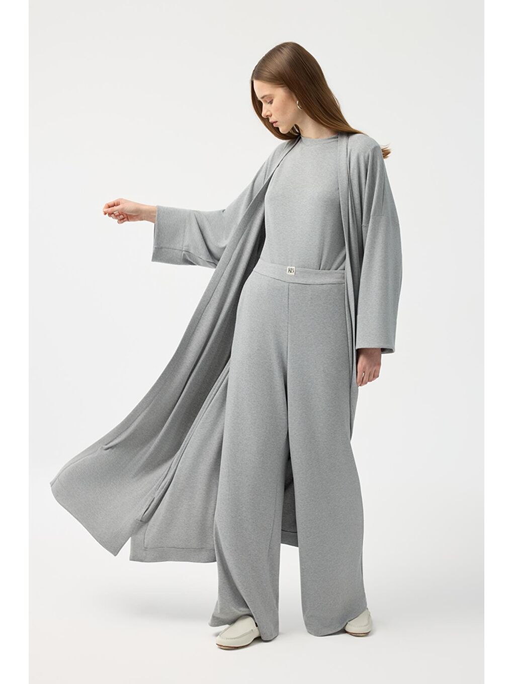 Modal Cupra Pantolon Bluz Abaya Takım Gri Melanj-6