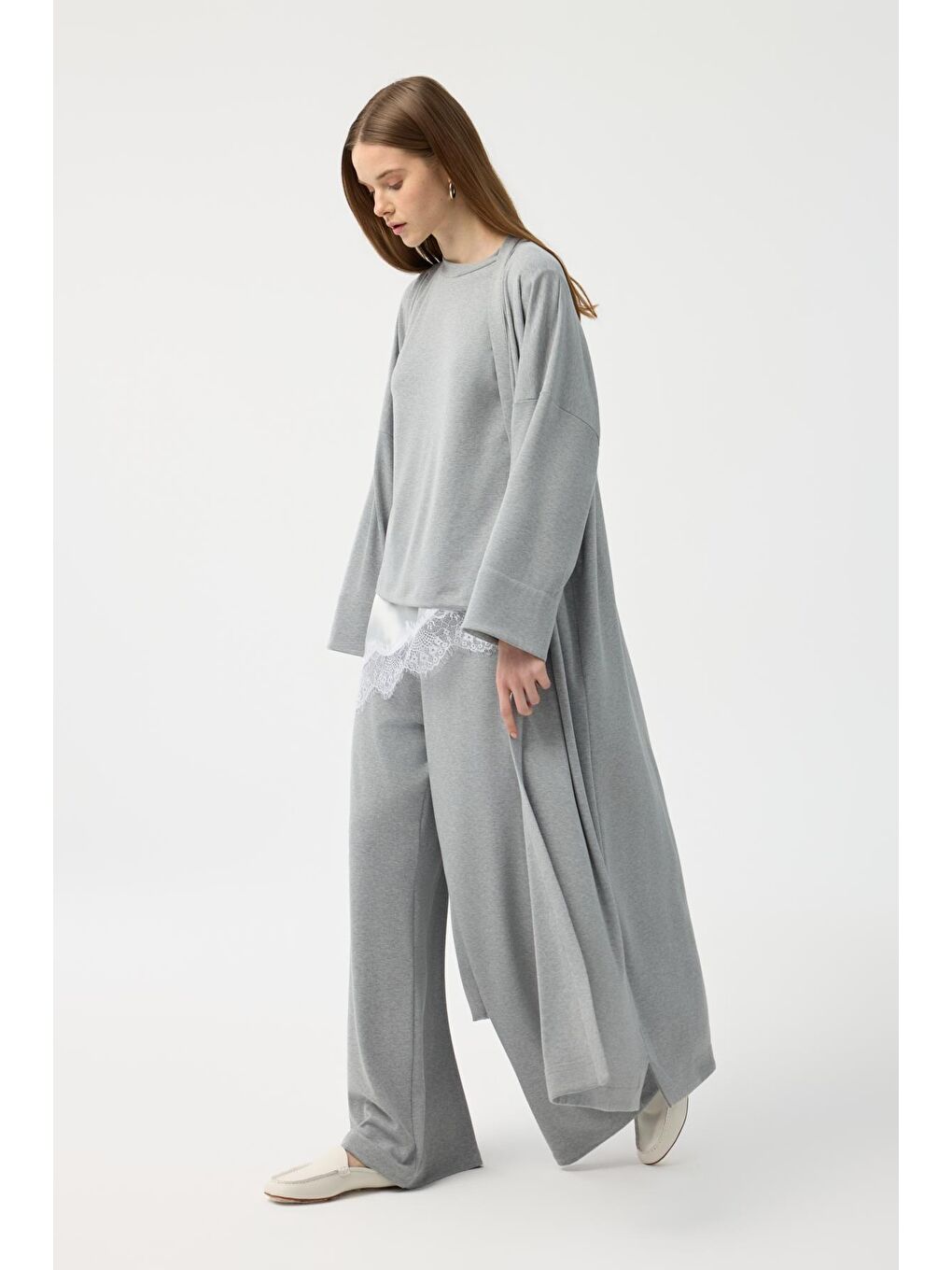 Modal Cupra Pantolon Bluz Abaya Takım Gri Melanj-8