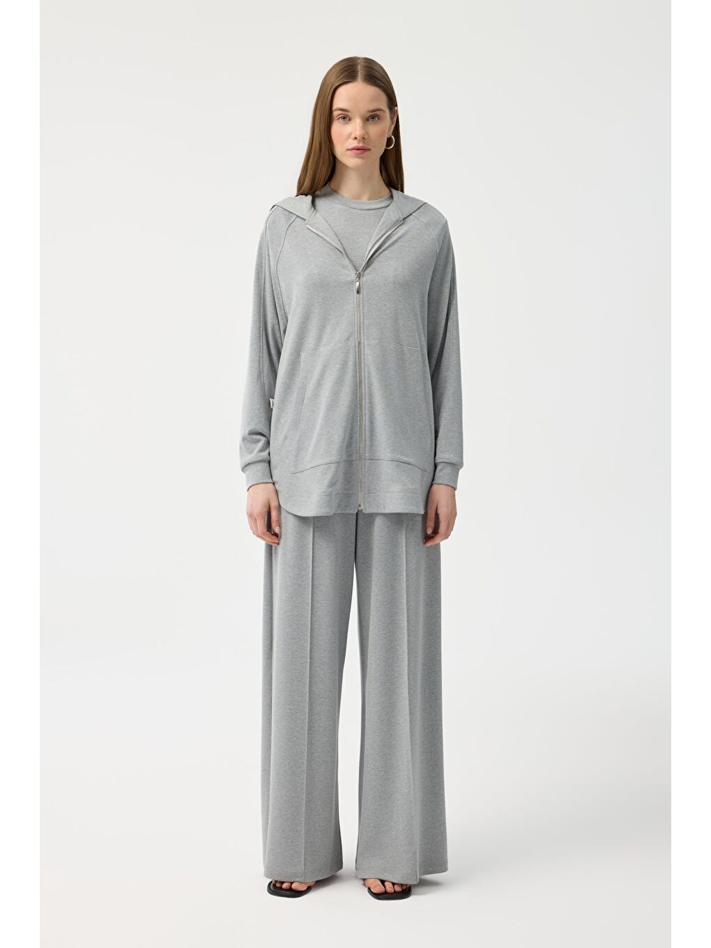 Modal Cupra Fermuarlı Hırka Takım Gri Melanj-1