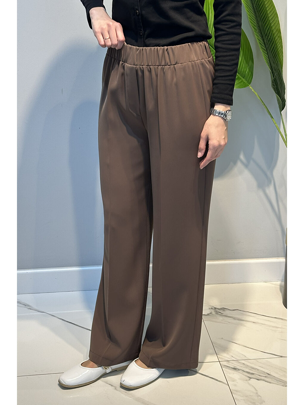 Bej Beli Lastikli Geniş Paça Pantolon 5580 Vizon-3