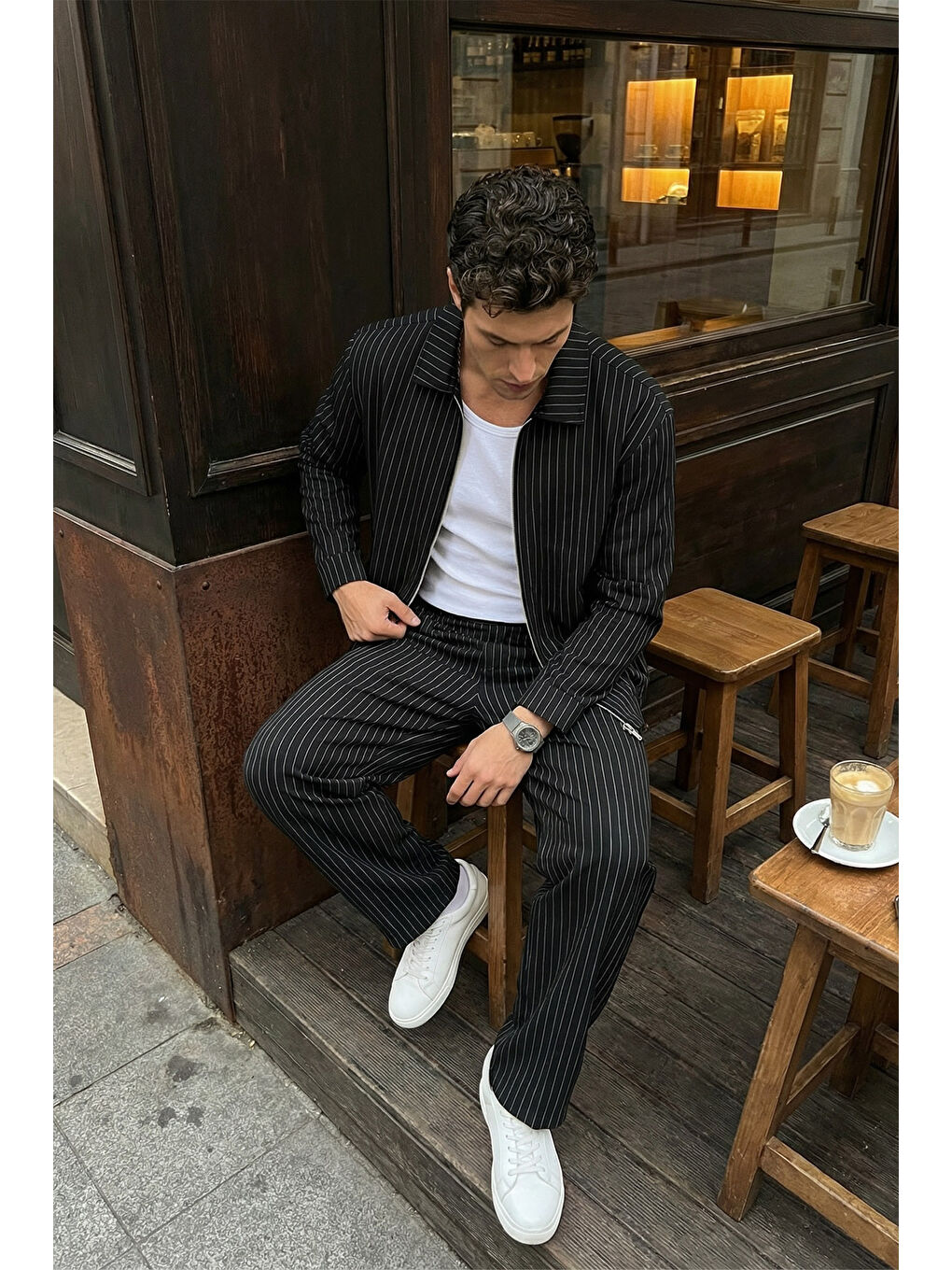 Siyah Aniva Erkek Çizgili Geniş Kalıp İkili Takım Ceket Pantolon-4