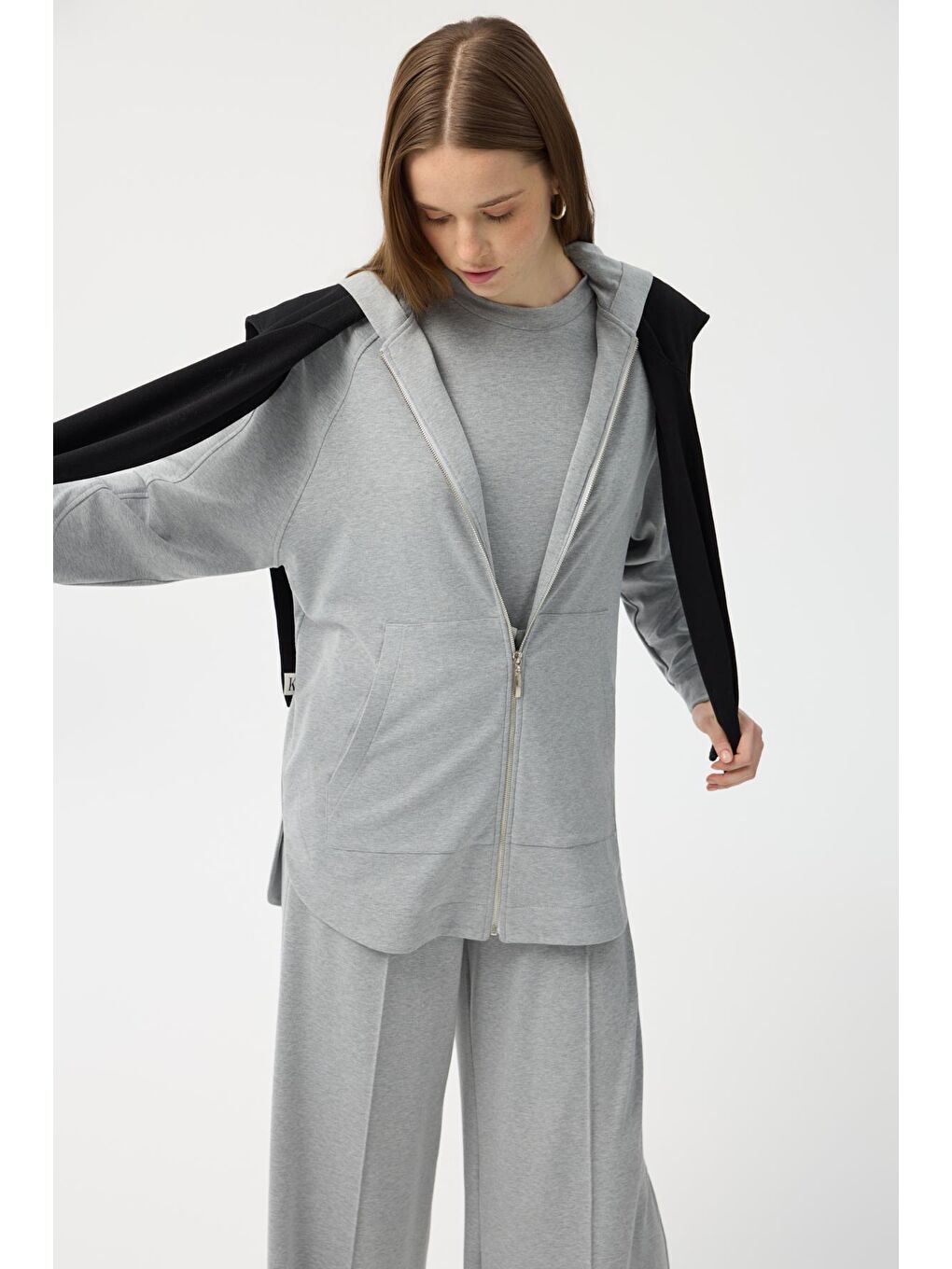 Modal Cupra Fermuarlı Hırka Takım Gri Melanj-2