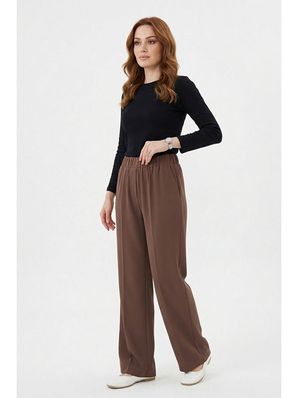 Bej Beli Lastikli Geniş Paça Pantolon 5580 Vizon-4