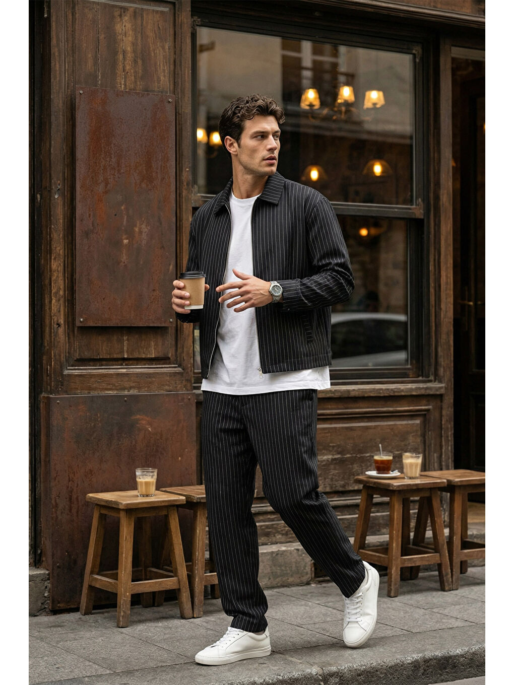 Siyah Aniva Erkek Çizgili Geniş Kalıp İkili Takım Ceket Pantolon-5