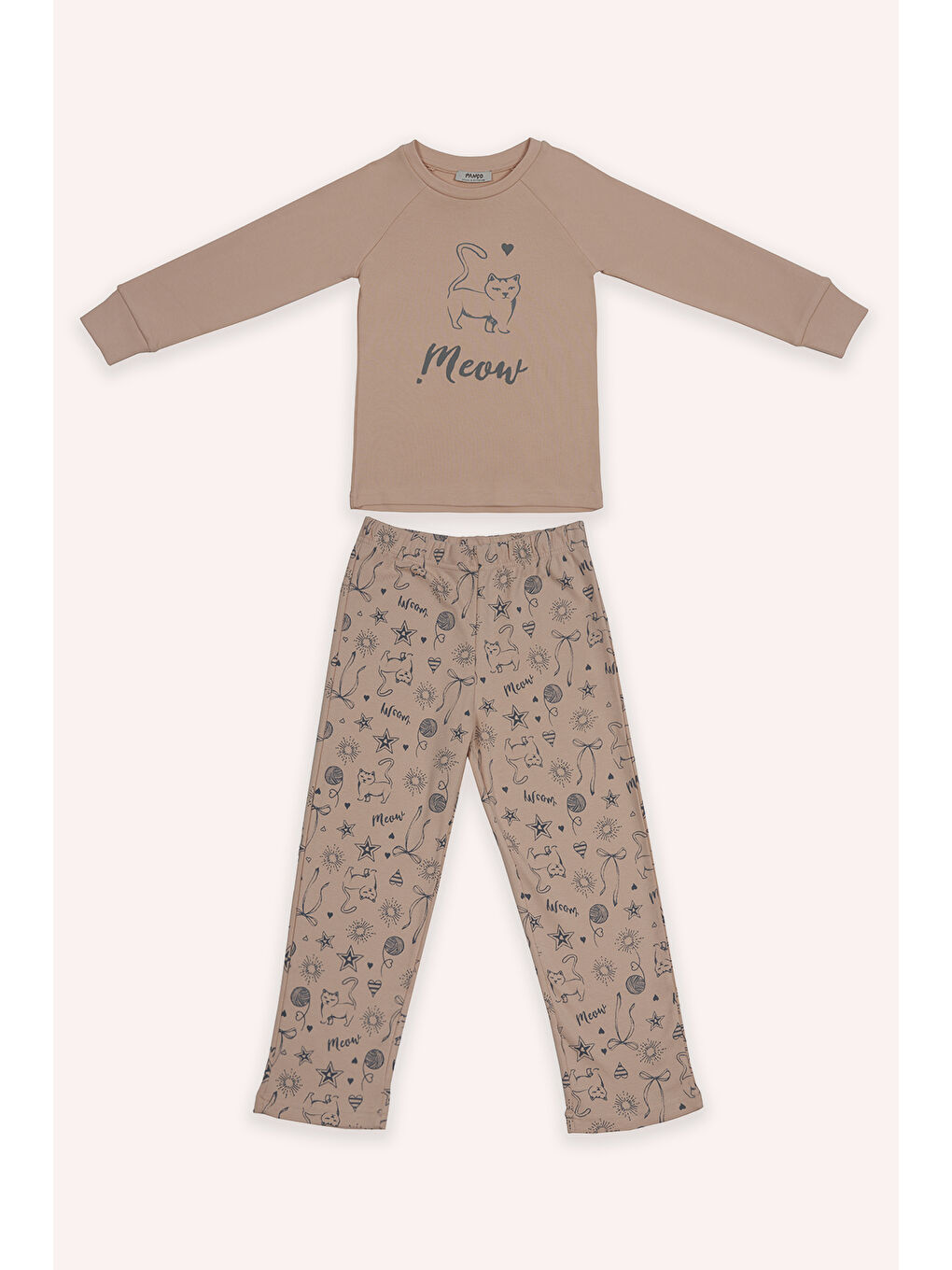 Pembe Kız Çocuk Kedi Baskılı Pijama Takımı Somon