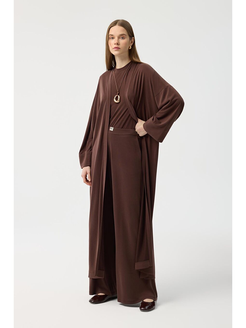 Modal Cupra Pantolon Bluz Abaya Takım Kahverengi