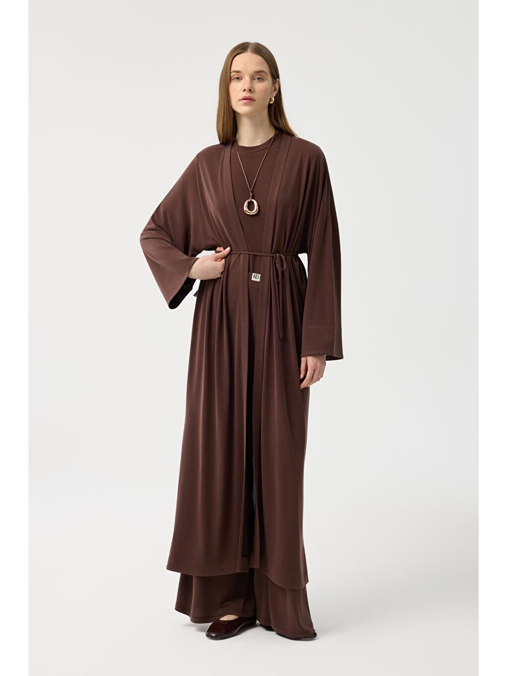 Modal Cupra Pantolon Bluz Abaya Takım Kahverengi-1