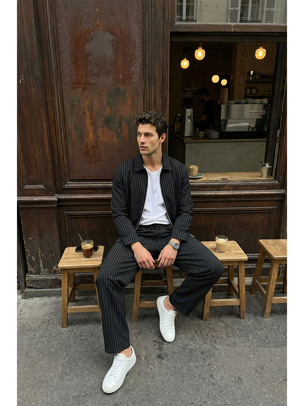 Siyah Aniva Erkek Çizgili Geniş Kalıp İkili Takım Ceket Pantolon-6