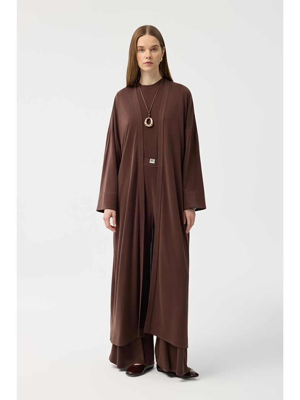 Modal Cupra Pantolon Bluz Abaya Takım Kahverengi-2